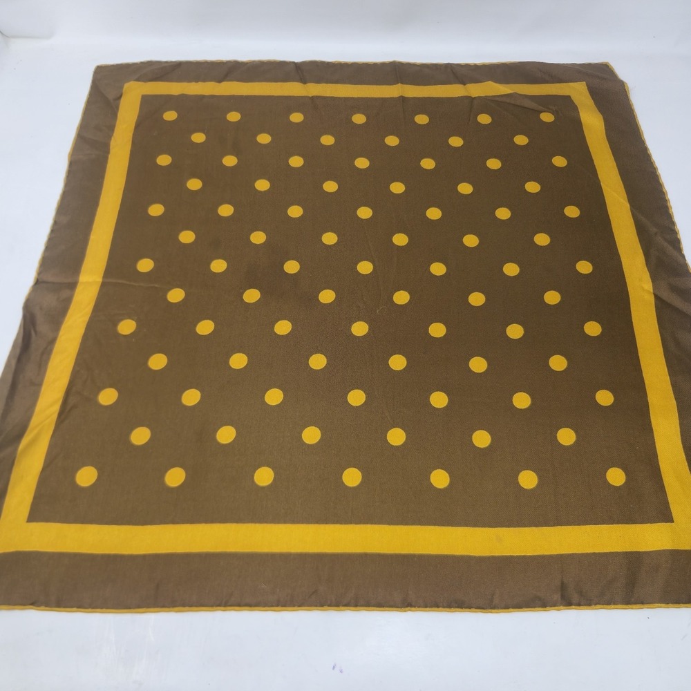 Vintage Silk Pocket Square Scarf 18x18 Hand Rolled Brown Yellow Polka Dot Twill